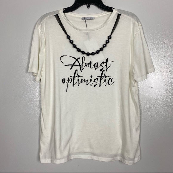 Zara “Almost Optimistic” tee with faux netted pearls - Picture 1 of 7